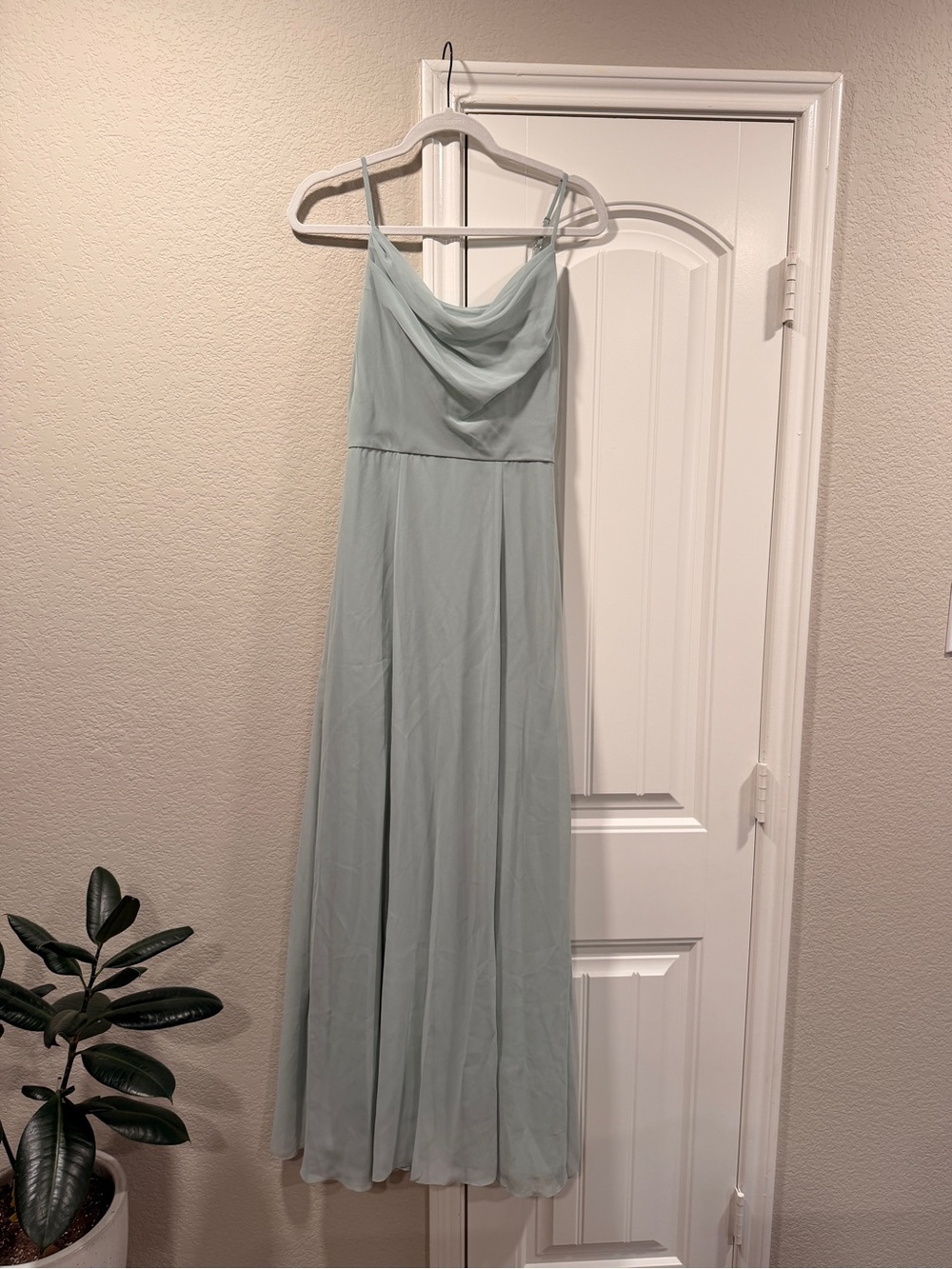 David's Bridal Sage Green Cowl Neck Spaghetti Strap Maxi